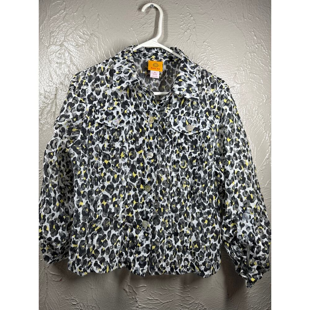 Ruby‎ Rd Button Down Shirt Top Blouse Womens Black Yellow White Leopard Size 8